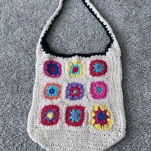 Granny Square Purse Boho Crochet Tote Bag No-Stretch Straps Cream